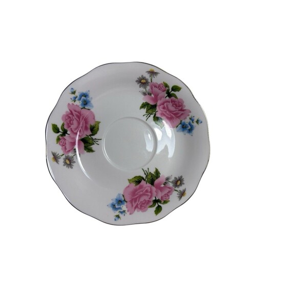 Grace's Teaware Pink Rose Blue Floral Tea Cup & Saucer Gold Trim Scalloped Edge - Picture 9 of 10
